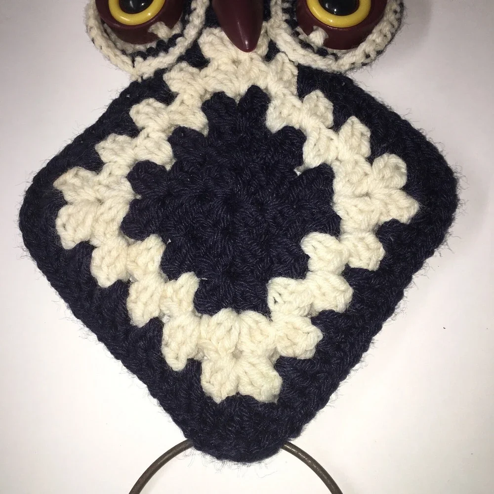 Vintage Crochet Navy White Brown 70s Owl Wall Hanging Towel Holder Boho MCM